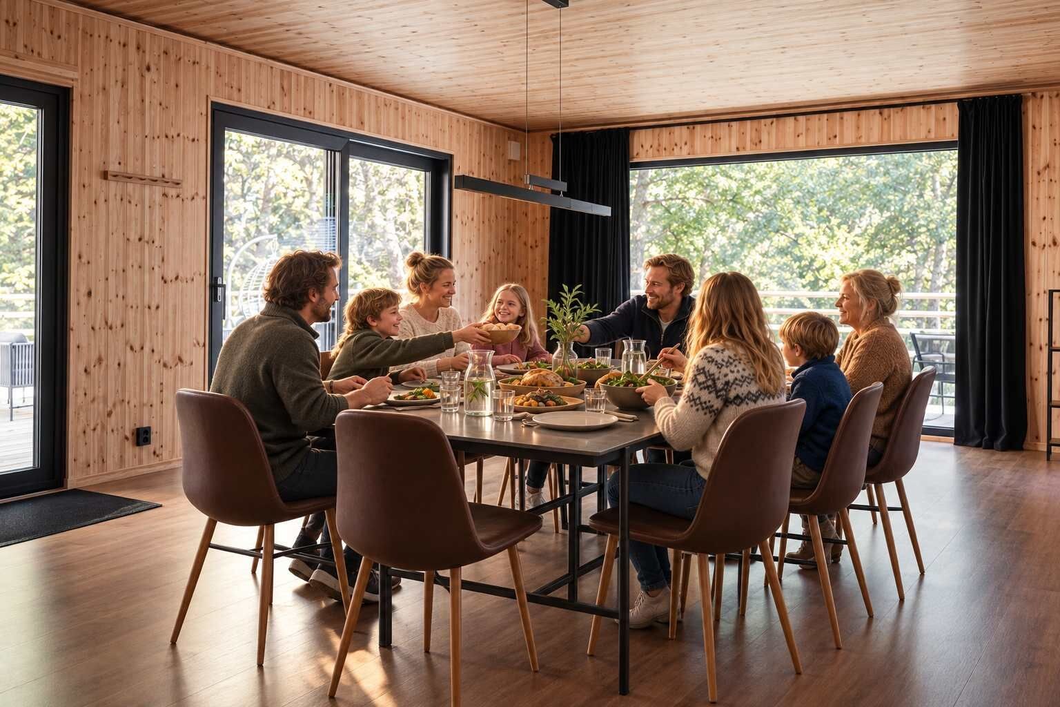 A family dining in a modern wooden interior with large windows and a dining table.