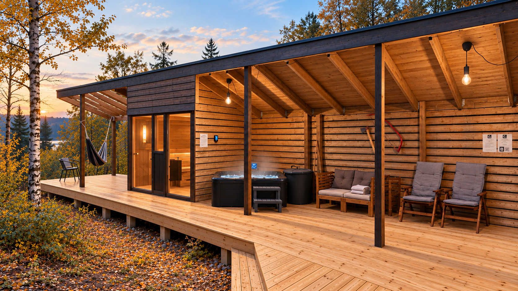 Una cabaña de madera con terraza, mobiliario exterior y sauna.