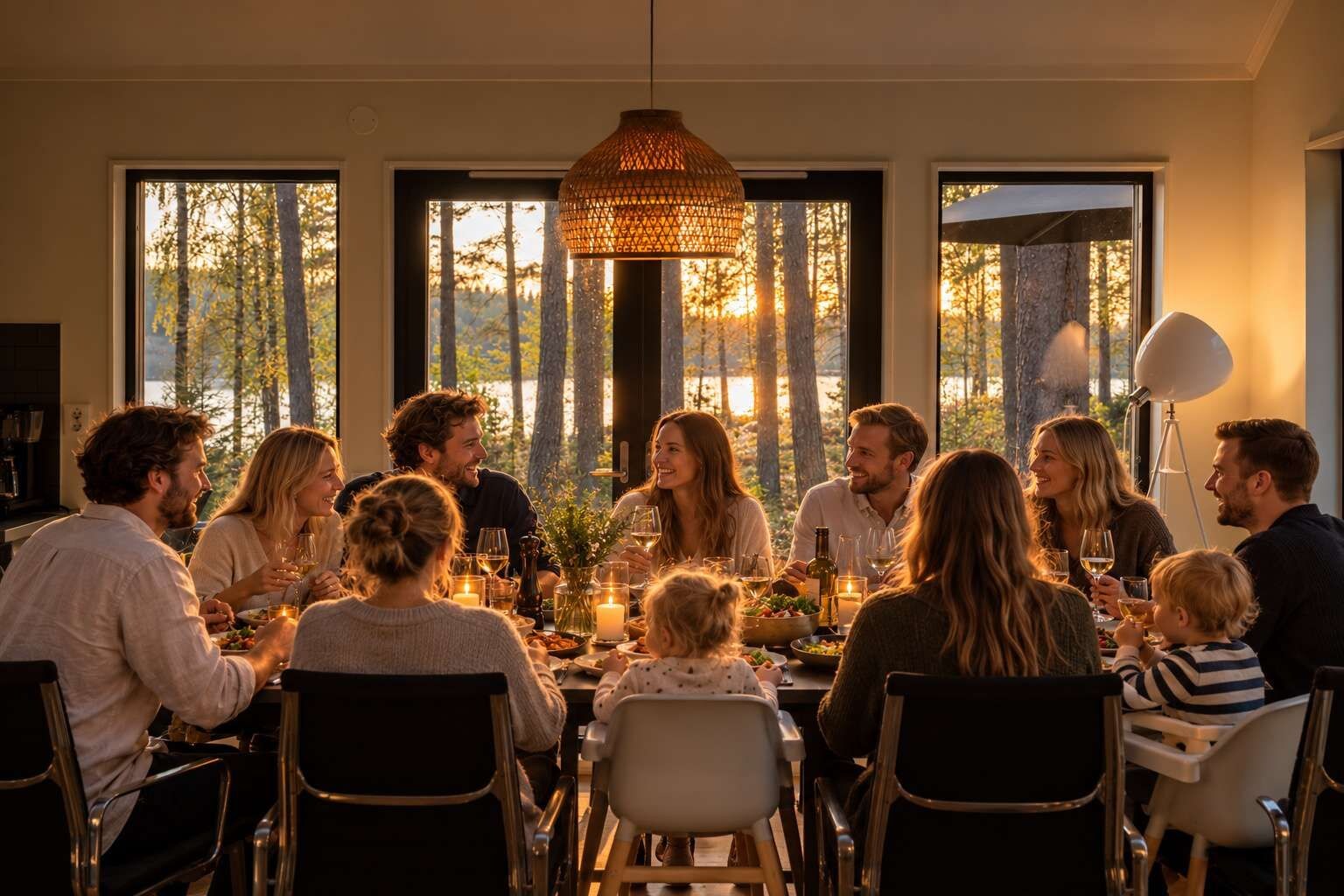 A family dining at a table with a view of trees through large windows.