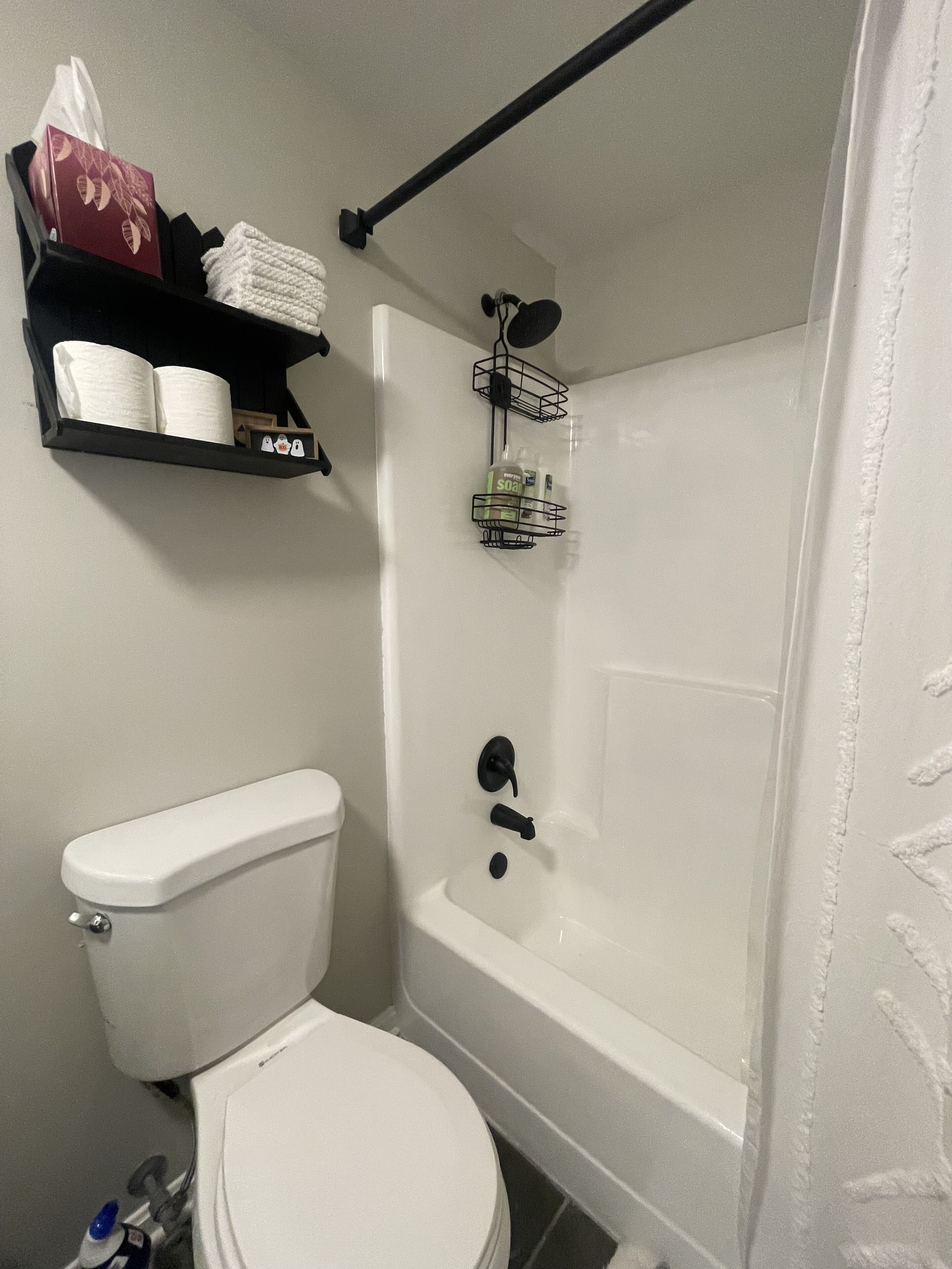 Combined shower/tub, towels, soap, shampoo