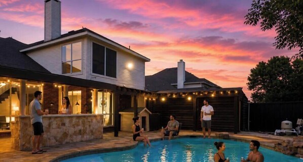 A backyard with a swimming pool, a barbecue area, and a house with a chimney. - Prestigious 5BR/3.5B Home with Pool, Sauna, Game Room & Bar (Sachse)