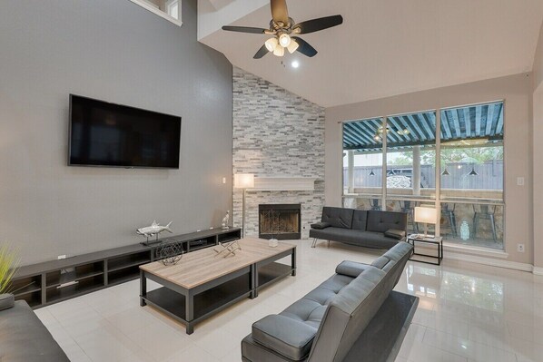 TV, fireplace, foosball, offices