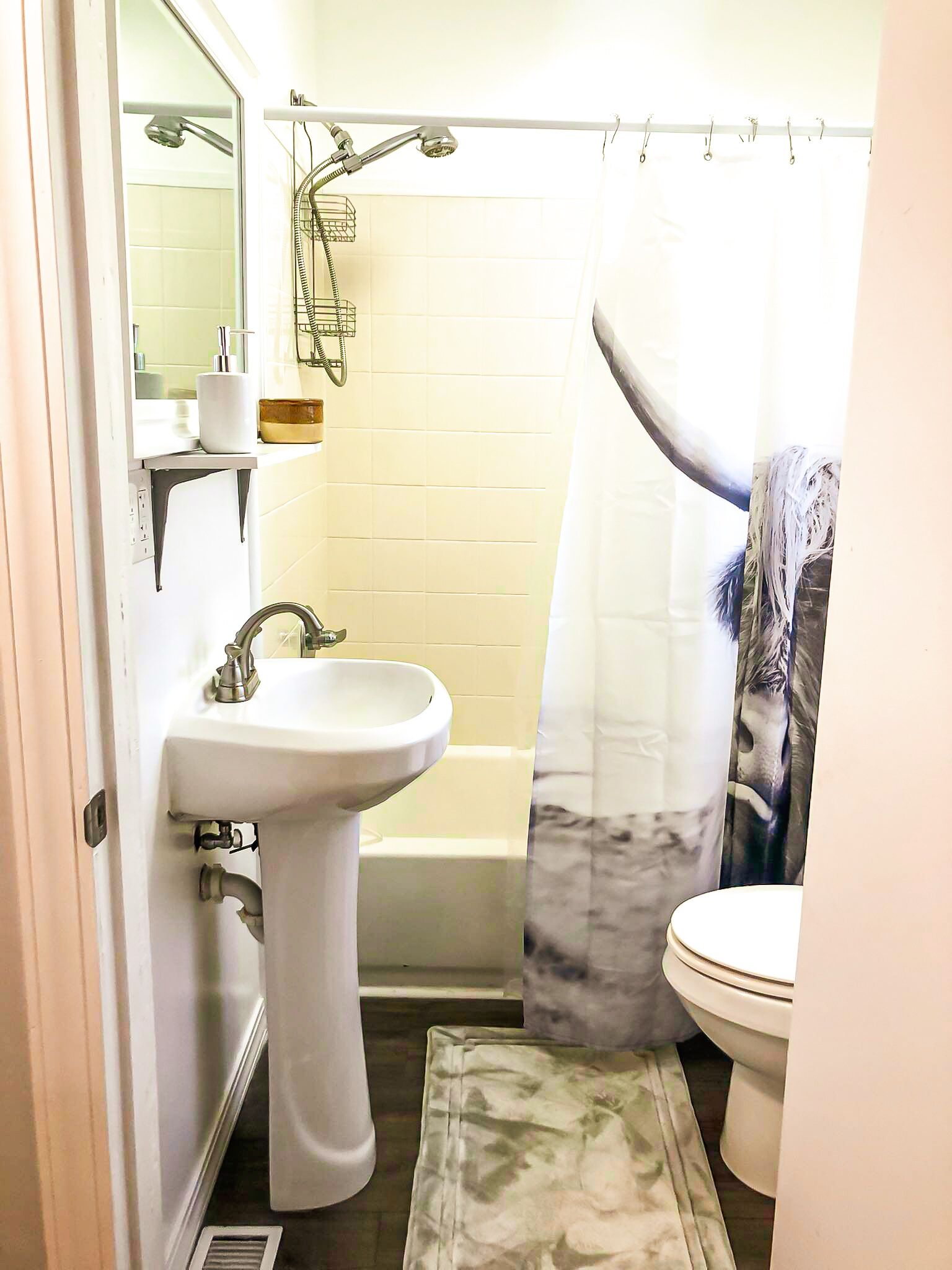 Combined shower/tub, towels, soap, toilet paper