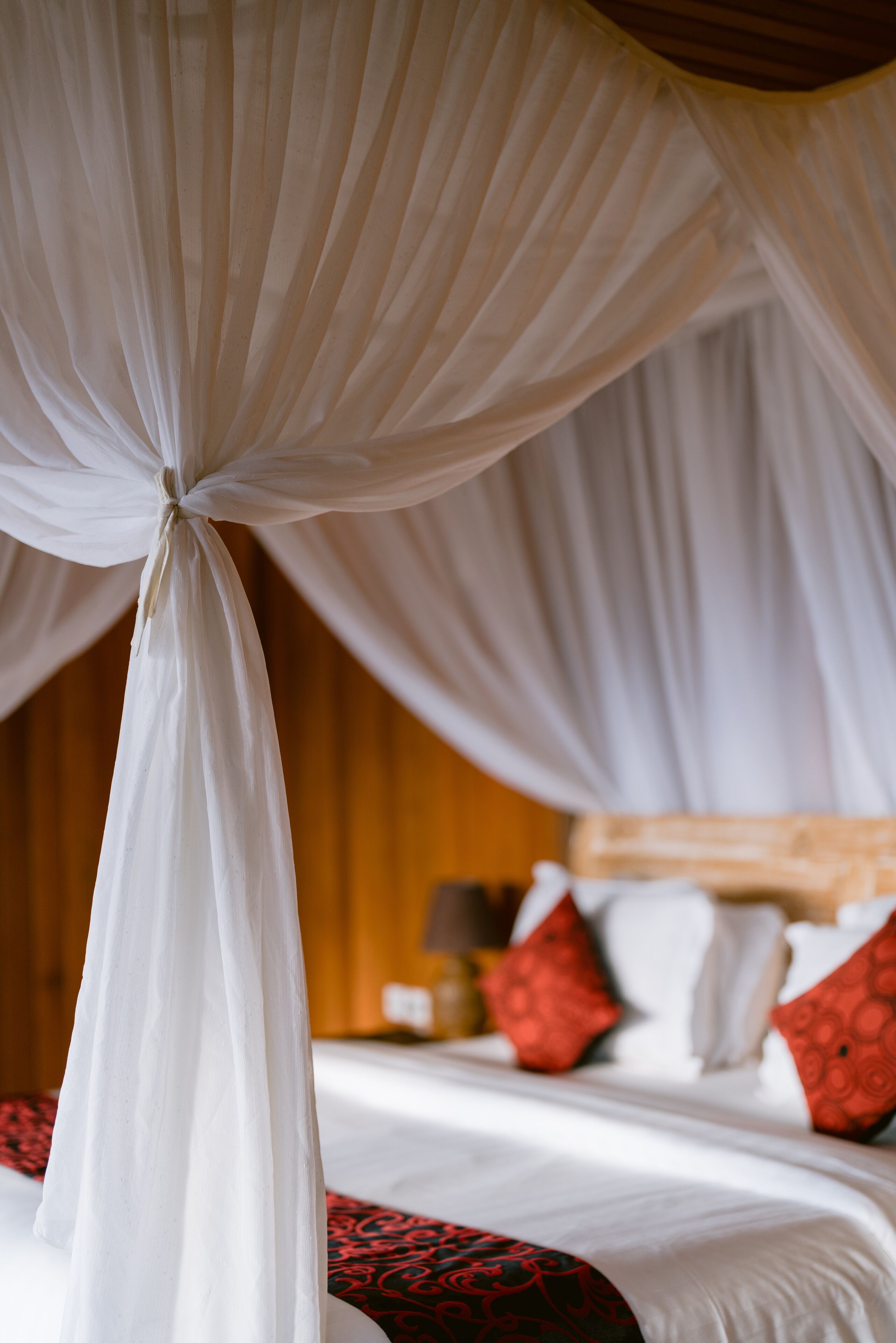 A bed with white bedding and red pillows, a wooden headboard, and a canopy with white fabric.