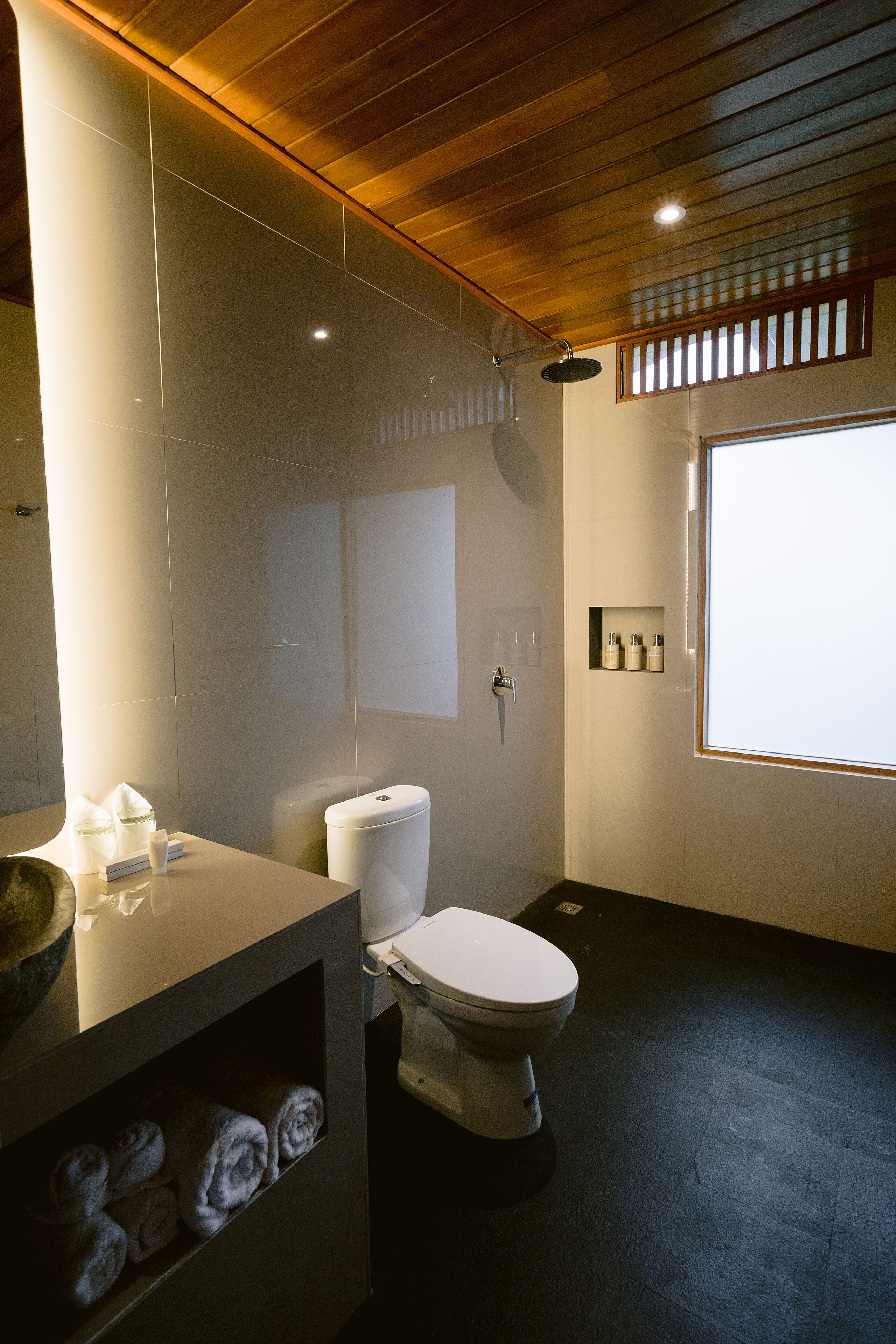 Et moderne badeværelse med toilet, håndvask med håndklædestang og bruseområde.