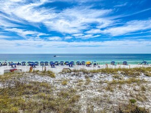 On the beach, sun loungers, beach towels