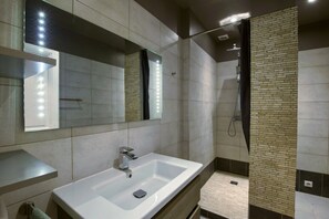 Bathtub, hair dryer, shampoo, toilet paper