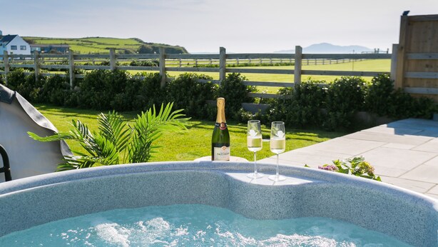 Ein Whirlpool mit einer Champagnerflasche und zwei Gläsern, umgeben von einem üppigen Garten und einem Holzzaun.