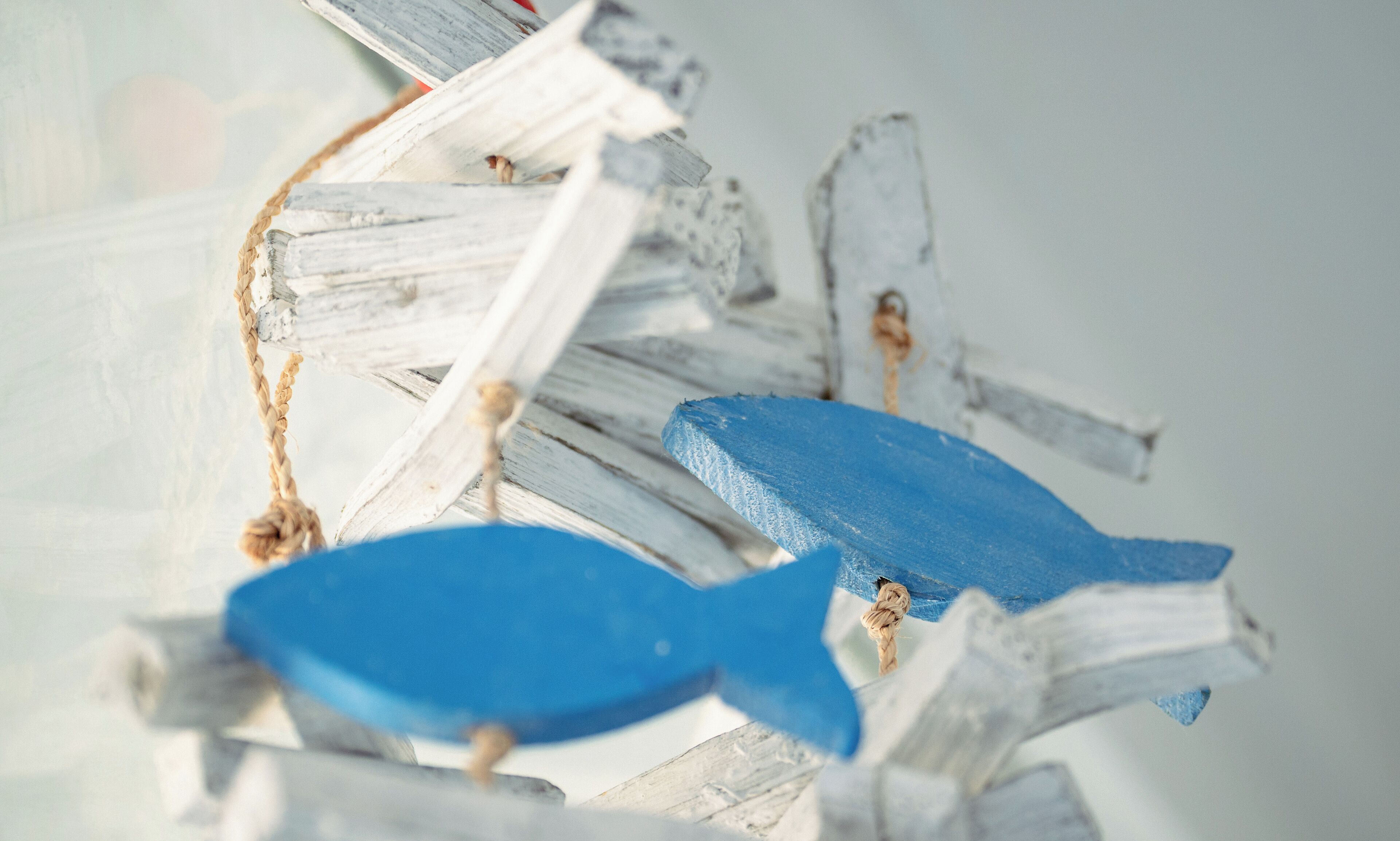 Een close-up van houten visjes, blauw geverfd en aan elkaar vastgemaakt met touw.