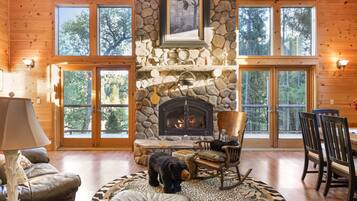 Smart TV, fireplace, books, stereo