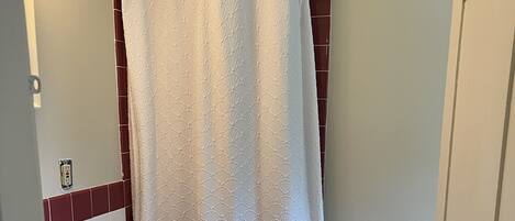 A bathroom with a white sink, a shower curtain, a small rug, and a trash can.