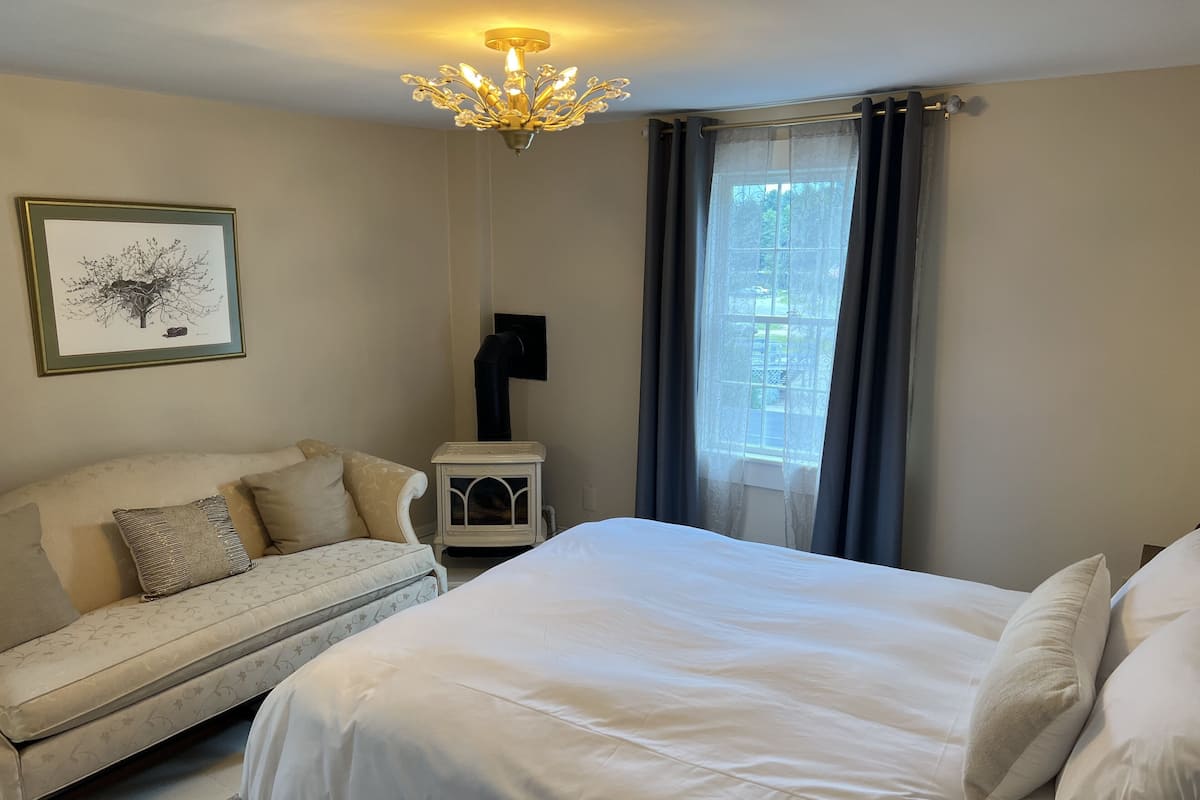 A bedroom with a bed, a sofa, a chandelier, a framed picture, and a window with curtains.