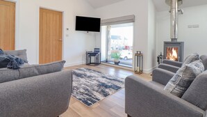 Un salon moderne avec une cheminée, des canapés gris, un téléviseur à écran plat et une porte en bois.