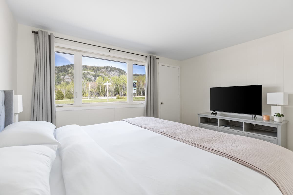 A hotel room with a large bed, a flat-screen TV, a window with curtains, and a view of a mountainous landscape.
