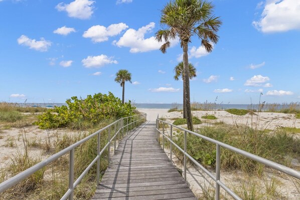 A wooden boardwalk leading to a beach with palm trees and sandy dunes.