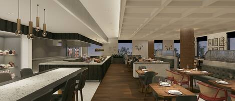 A modern restaurant with a long counter, multiple seating areas, and a high ceiling with recessed lighting.