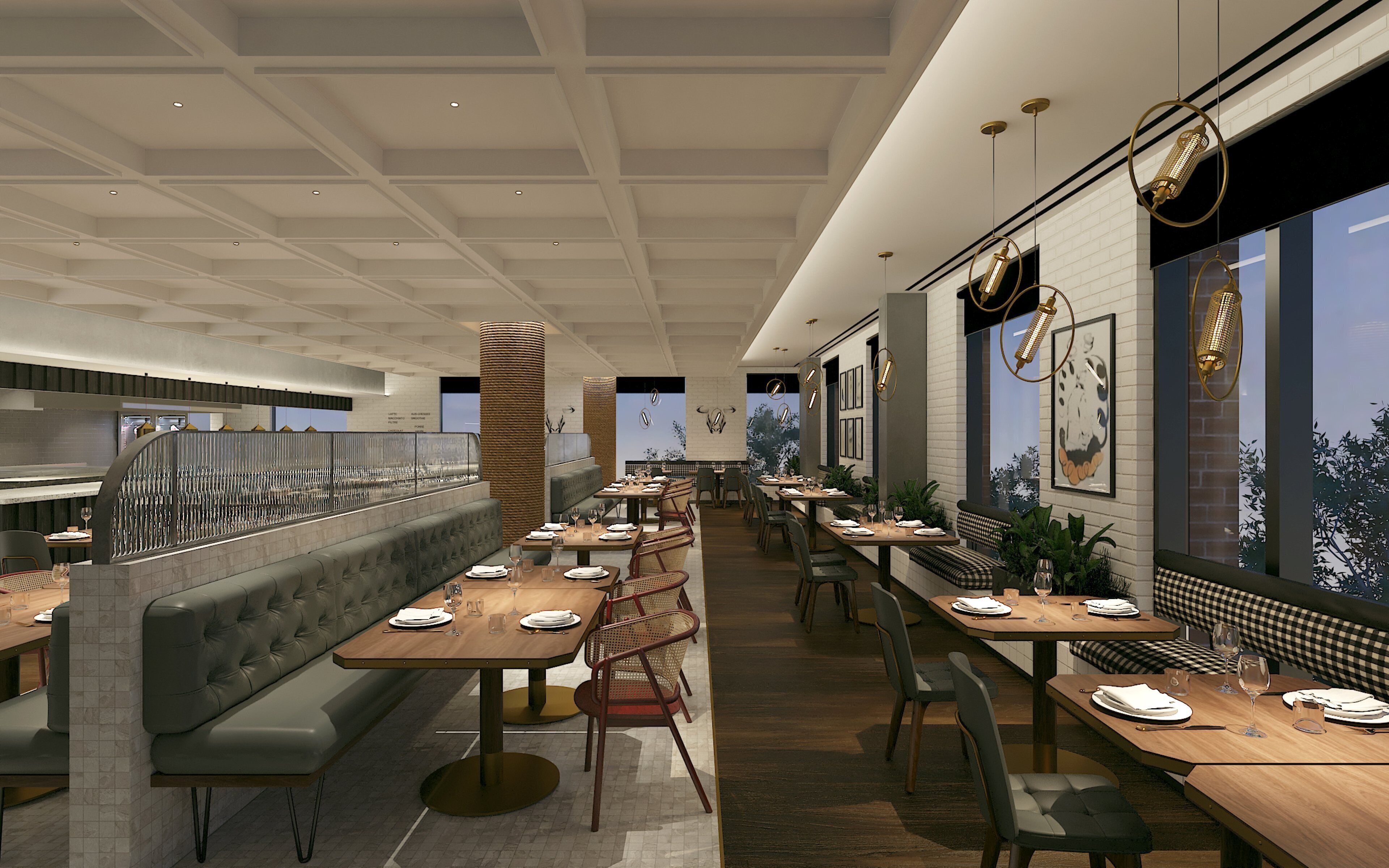 A modern restaurant interior with high ceilings, recessed lighting, and a mix of seating options including booths and tables.