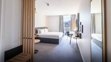 Desk, blackout curtains, soundproofing, iron/ironing board