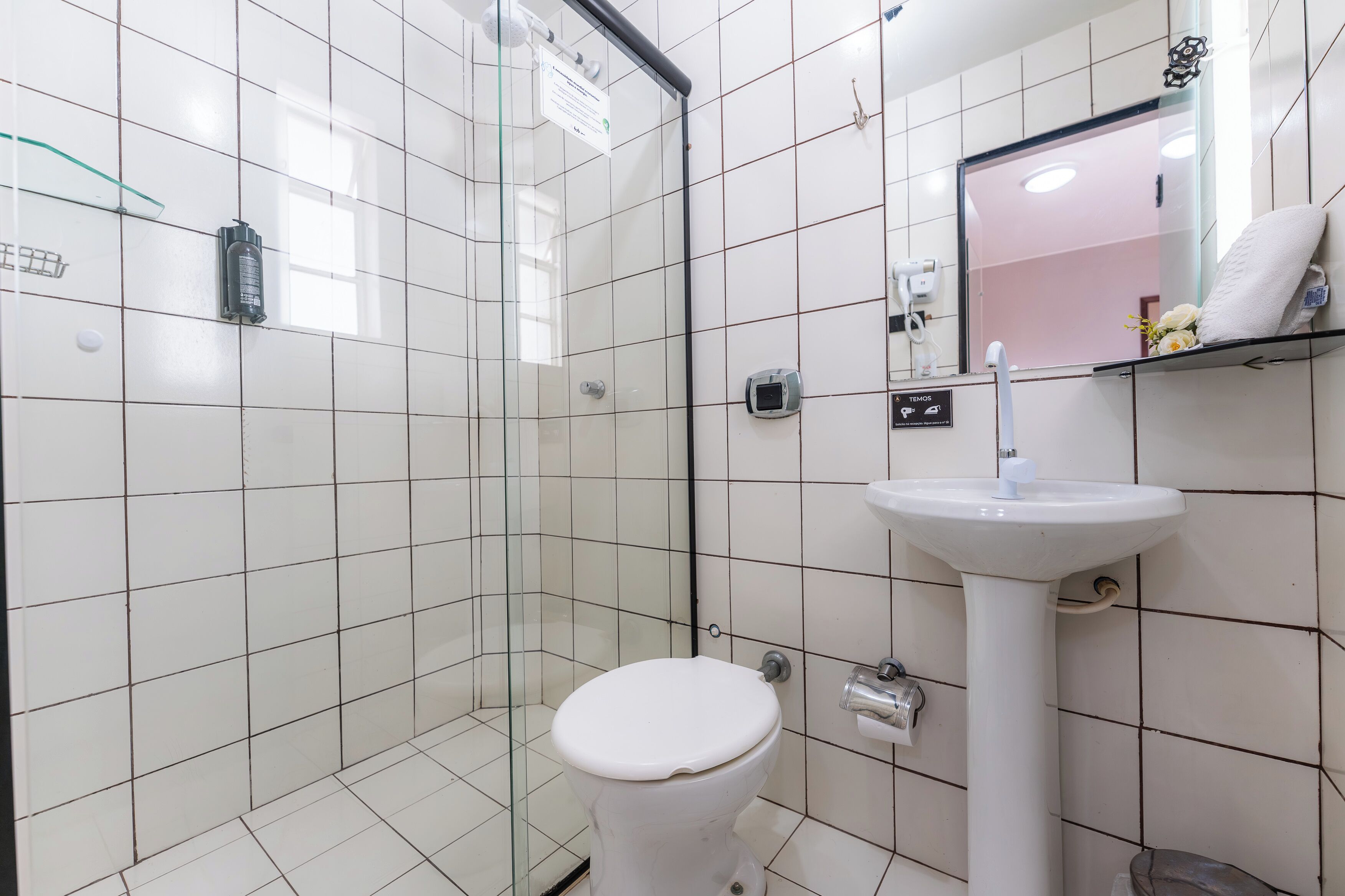 Une salle de bain avec des toilettes, un lavabo et un miroir.