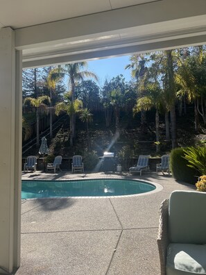 Un jardin avec une piscine, des chaises longues et un barbecue.