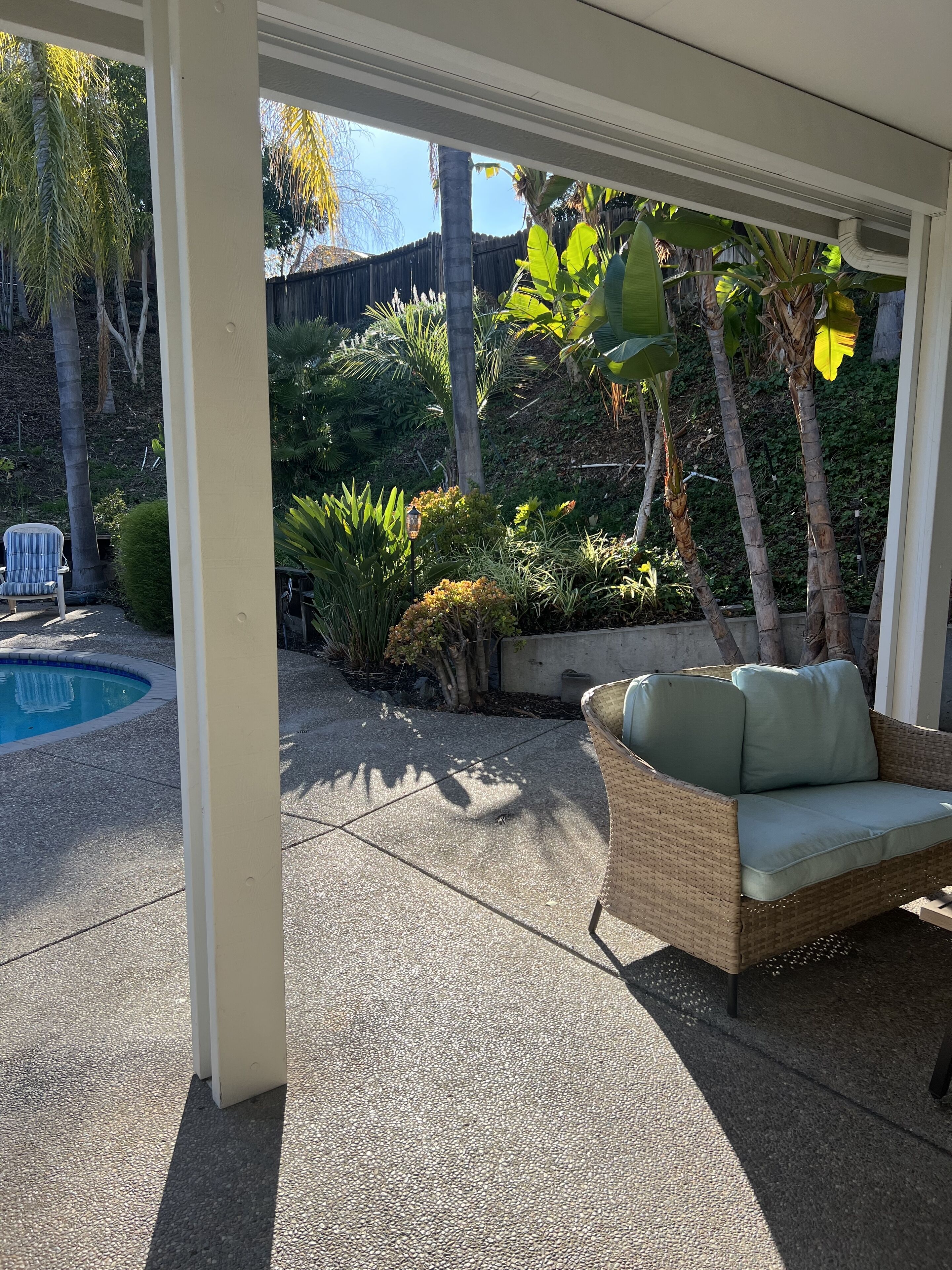 Un patio couvert avec une piscine, du mobilier d’extérieur et une végétation luxuriante.