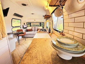 TV, offices - Fun Vintage Airstream with Heat, Hot Tub, and View (Laurelville)
