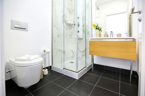 Shower, hair dryer, towels