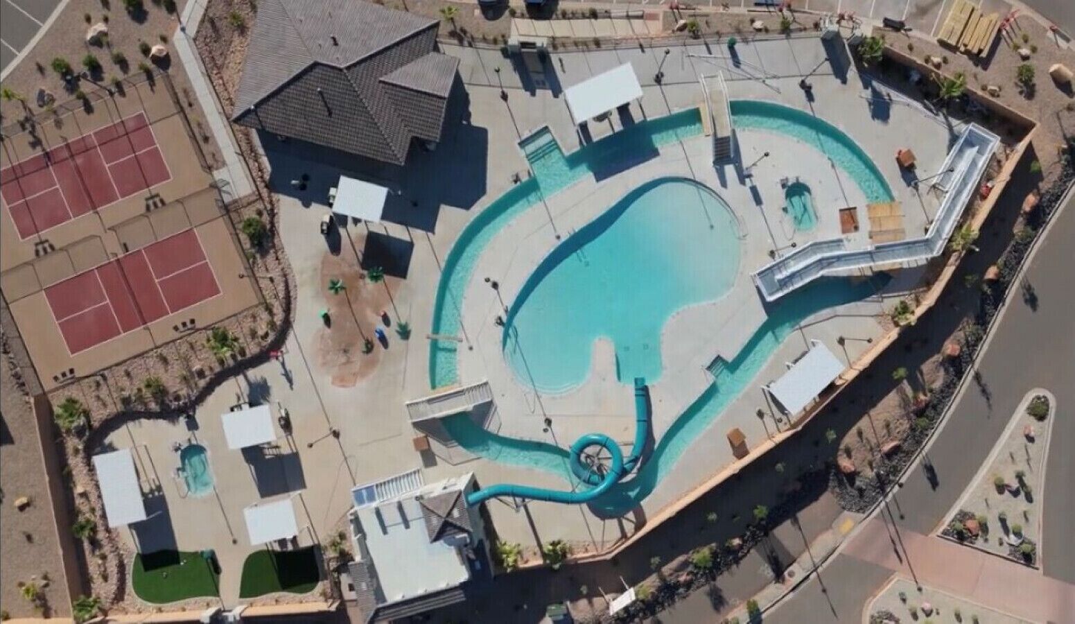 Waterpark with slide, lazy river, pickleball court
