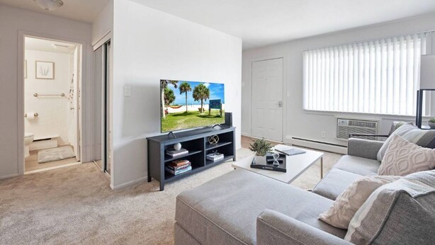 Ein modernes Wohnzimmer mit Flachbildfernseher, einem grauen Sofa, einem Couchtisch und einem Bücherregal.