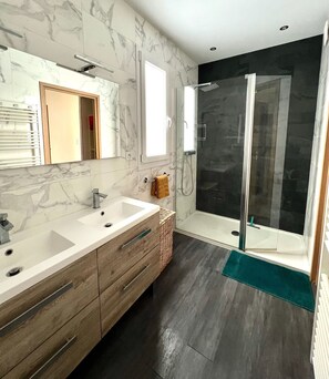 Shower, hair dryer, towels