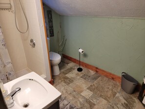 A bathroom with a white sink, toilet, and shower. - In the Heart of the Northwoods (Pickerel)