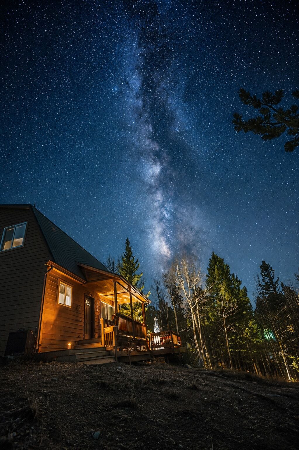 A house with a porch under a starry night sky, surrounded by trees.