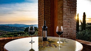 A table with a bottle of wine and two glasses on a round table with a floral pattern, set against a scenic view of hills and trees. - Villa Ileana - Country villa with pool in Umbria (Collazzone)