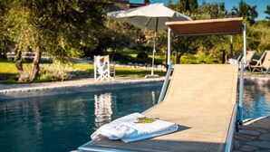 A poolside lounge chair with a towel, a white umbrella, and a stone pathway leading to the pool. - Villa Ileana - Country villa with pool in Umbria (Collazzone)