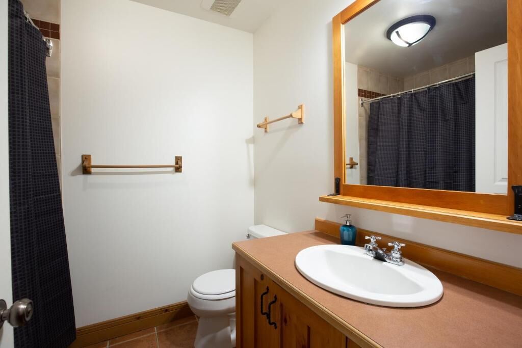 Ein Badezimmer mit Toilette, einem Holzkonsolenhocker mit Waschbecken, einem Spiegel und einem Handtuchhalter.