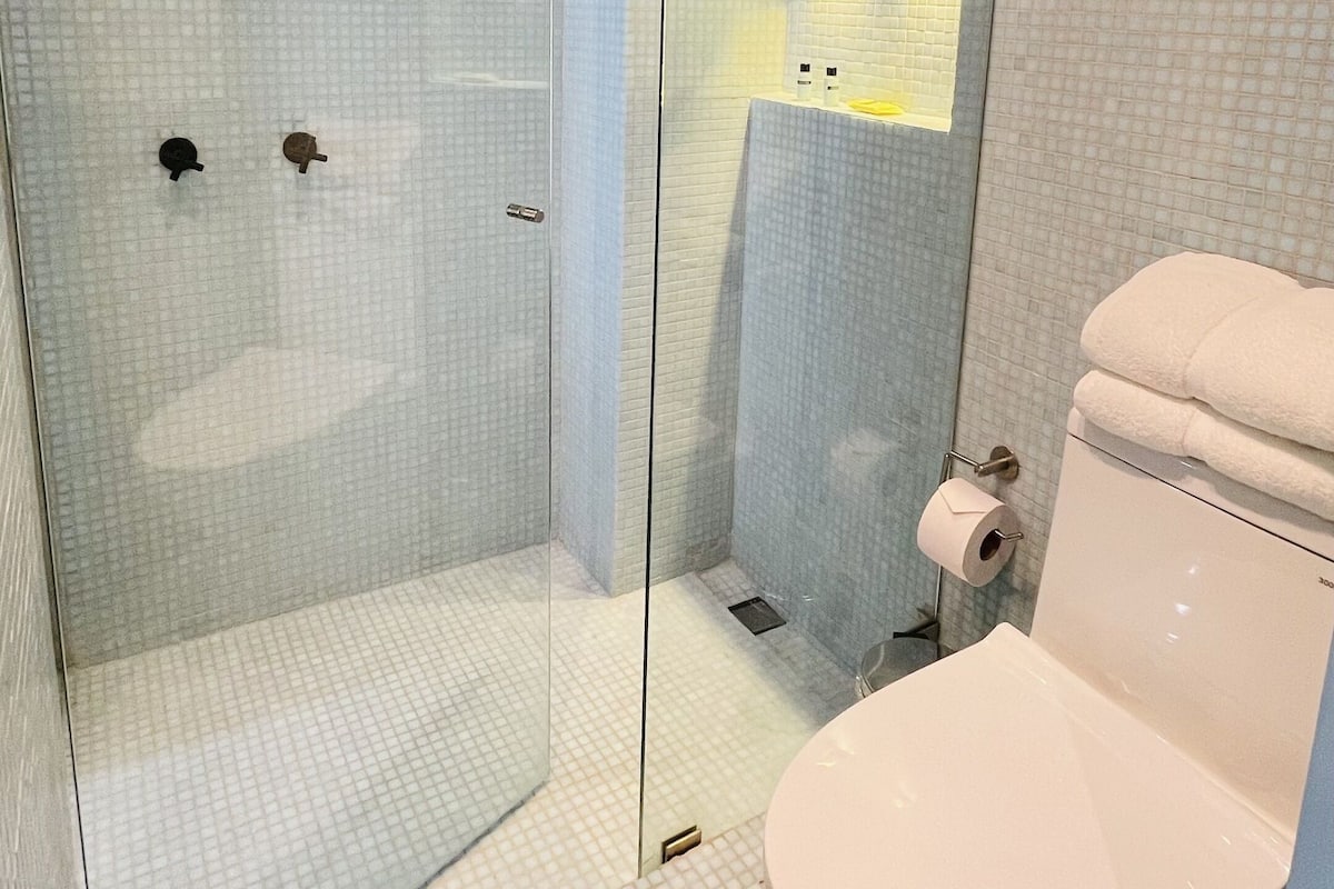 Un baño con ducha de vidrio, inodoro y lavamanos.