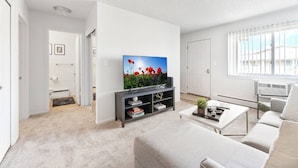 Een moderne woonkamer met een flatscreen televisie op een zwart voetstuk, een grijze bank, een salontafel en een groot raam met jaloezieën.
