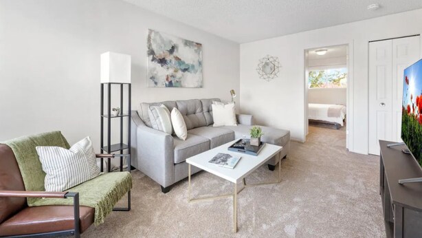 Een moderne woonkamer met een grijze bank, een witte salontafel en een bruine lederen fauteuil. Er is een boekenkast met een witte lamp, een schilderij aan de muur en een televisie aan de rechterkant.