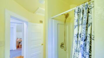 A bathroom with a shower, a door leading to a room, and a curtain with a floral pattern.