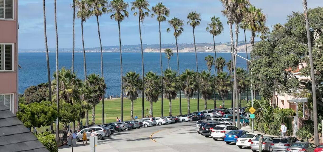A parking lot with cars, palm trees, and a view of the ocean.