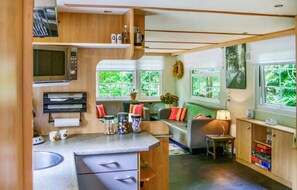 Fridge, stovetop, coffee/tea maker