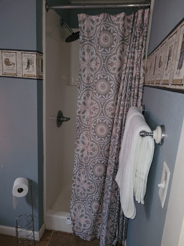 A shower with a patterned curtain, a towel rack with a towel, and a toilet paper holder. - Cute and comfy bedroom with 1 queen bed/private bath (Eminence)