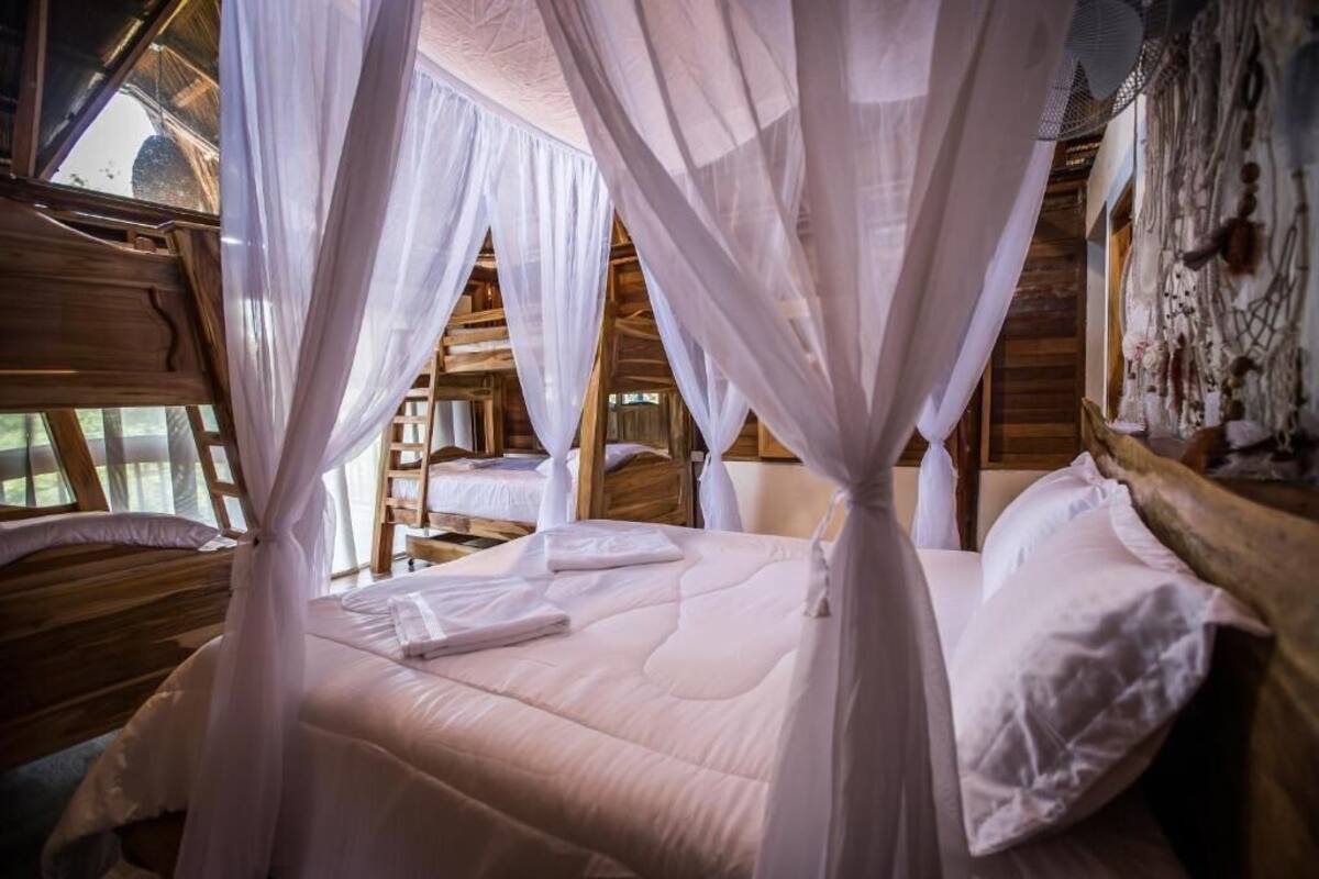 A room with a bed under a canopy, wooden walls, and a window.