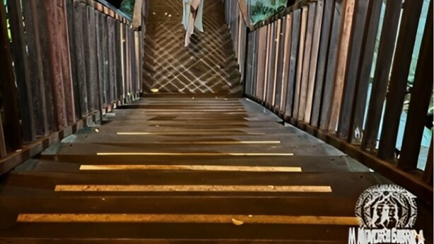 Una escalera de madera con luces colgantes, rodeada de follaje, que lleva a un espacio de estar al aire libre.