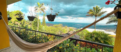 Una hamaca en un balcón con vista a un jardín exuberante, lleno de plantas diversas, y una vista panorámica del océano.