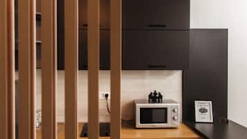 Fridge, microwave, stovetop, electric kettle