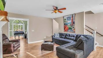 Smart TV, fireplace, DVD player, books