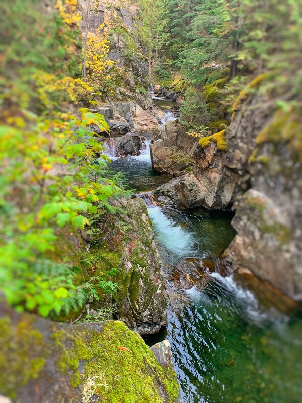 Un paisaje natural con un arroyo serpenteante, terreno rocoso y vegetación densa.
