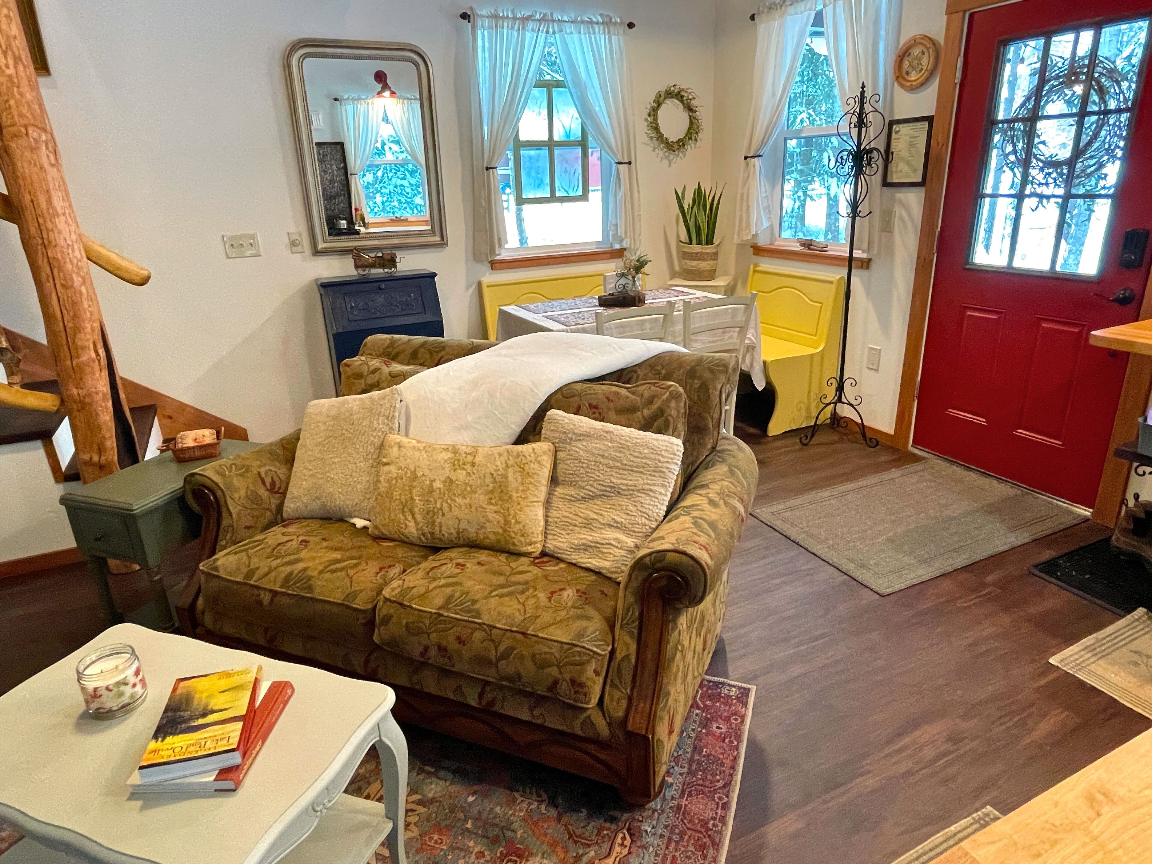 Smart TV, fireplace, DVD player, books