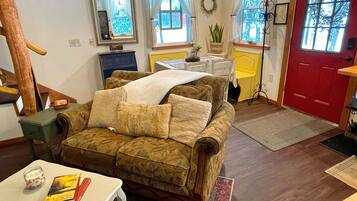 Smart TV, fireplace, DVD player, books